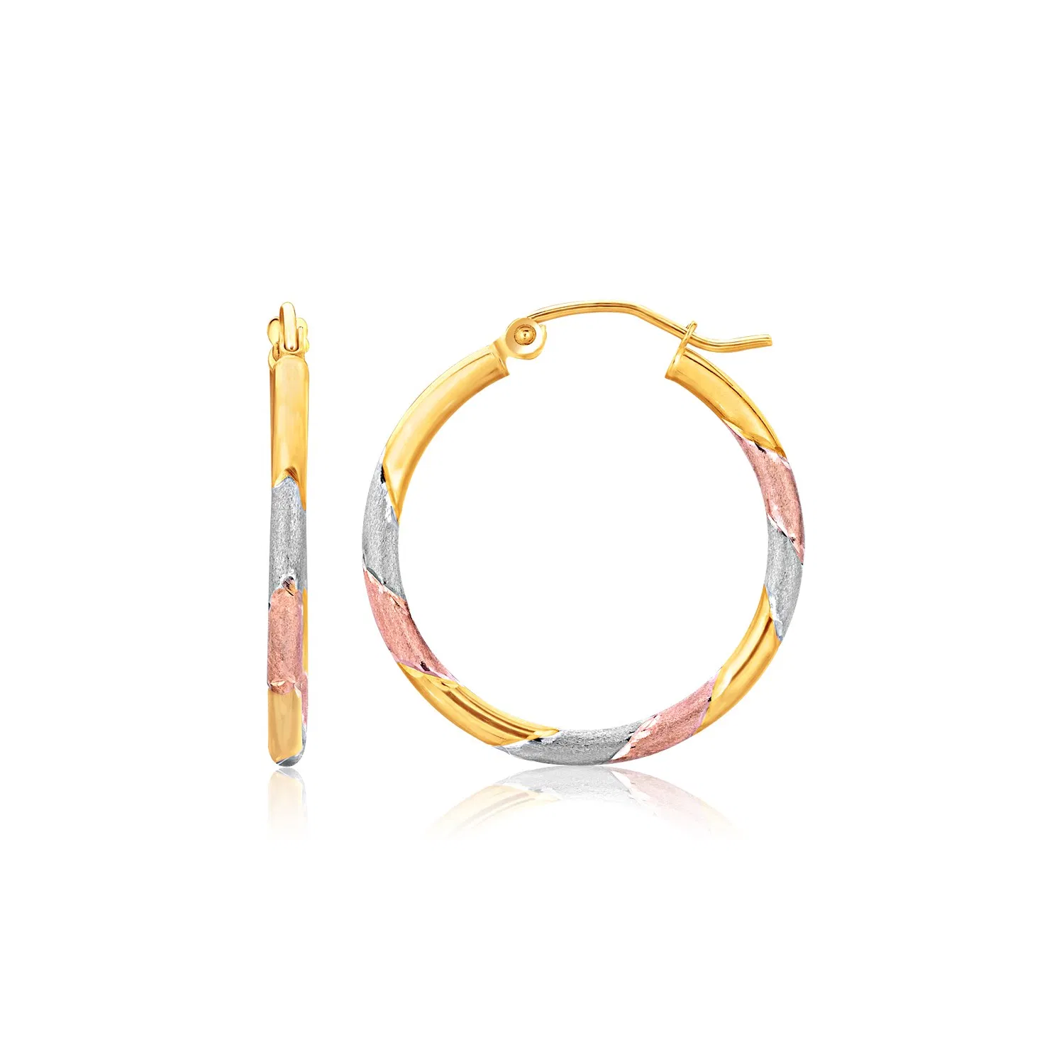 14k Tri-Color Textured Hoop Earrings (2x22mm) - Grocery