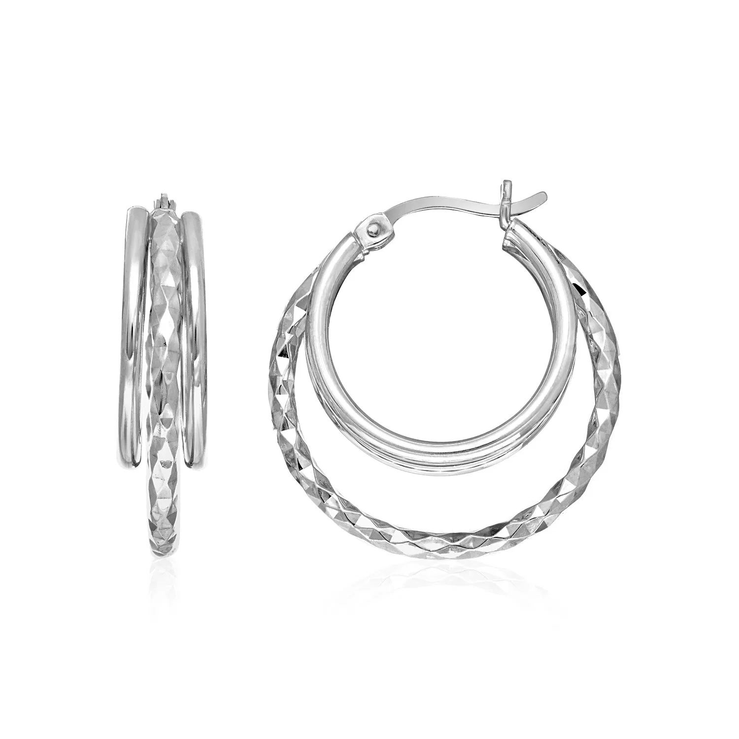 Two-Part Graduated Polished and Textured Hoop Earrings in Sterling Silver - Grocery