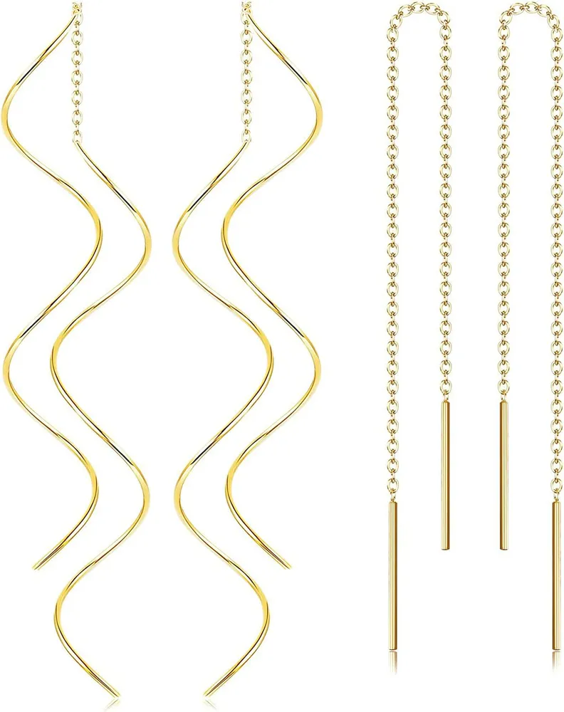 2Pairs Stainless Tassel Threader Earrings for Women Lightweight Wave Threader Dangle Drop Minimalist Chain Earrings Set - Grocery