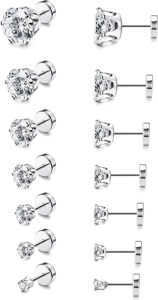 CZ Stud Earrings for Women Men Stainless Cubic Zirconia Earrings Set Screwback - Grocery