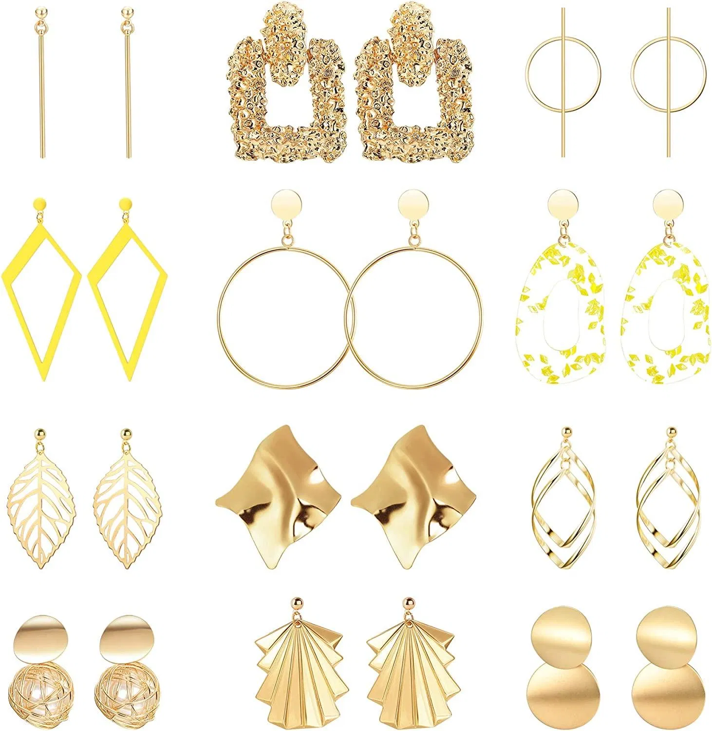 12 Pairs Statement Drop Dangle Earrings for Women Geometric Earrings Set Exaggerated Long Fashion Gifts Gold Tone - Grocery