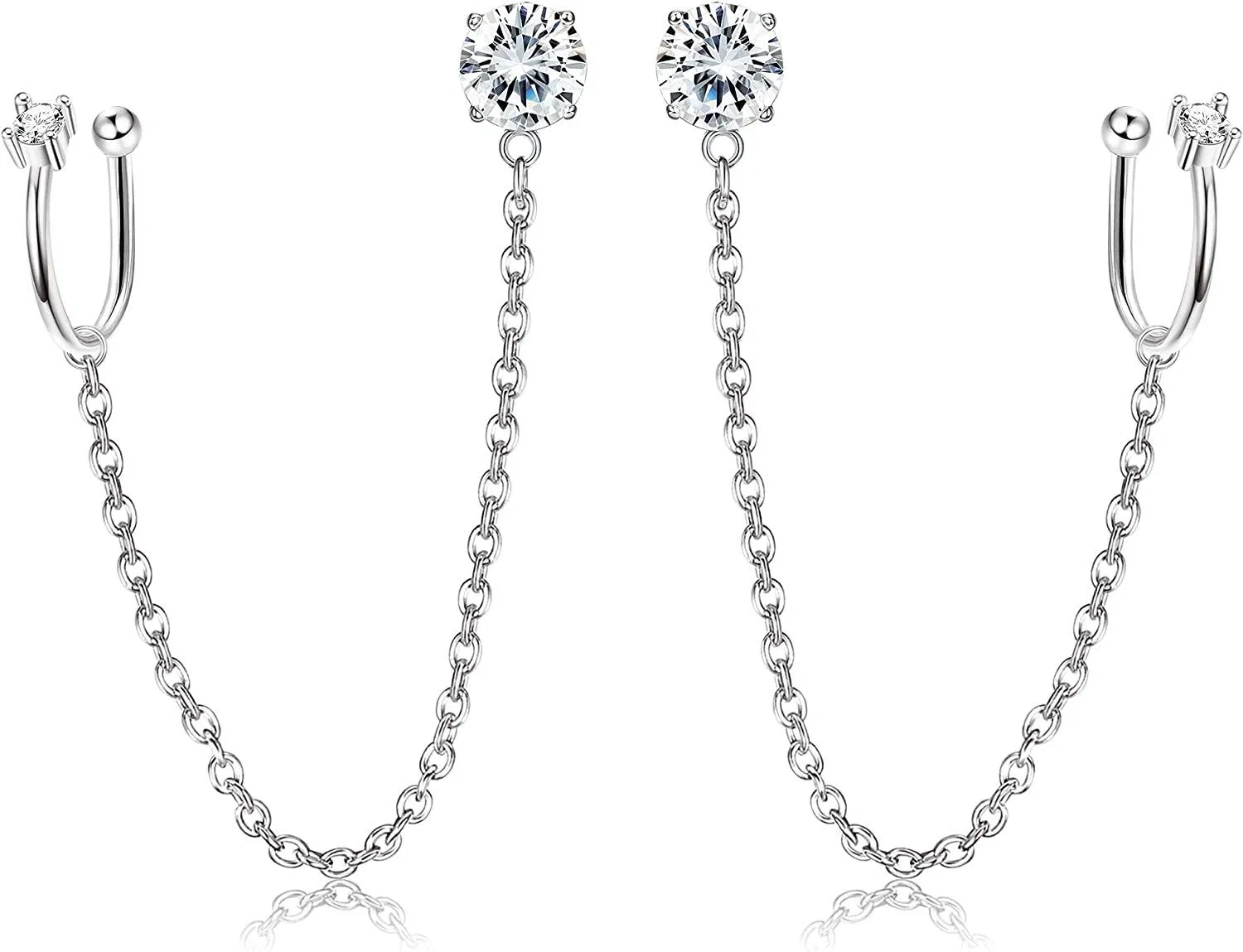925 Sterling Cuff Earrings Chain Studs for Women Heart/Cubic Zirconia/Moon Star Wrap Crawler Stud Earrings Cartilage Hypoallergenic Earrings - Grocery