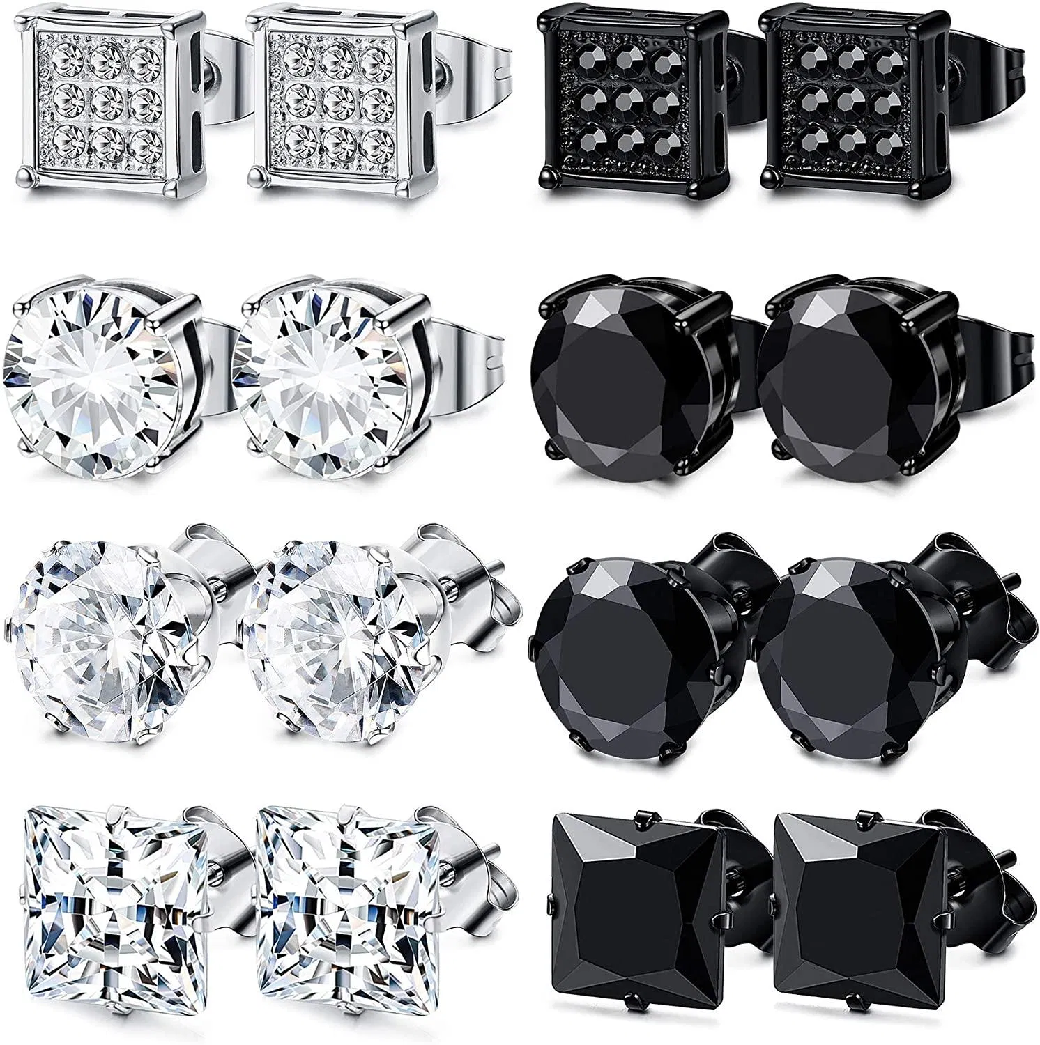 8 Pairs Stainless Steel Stud Earrings for Men Women Square CZ Earrings; 6MM - Grocery