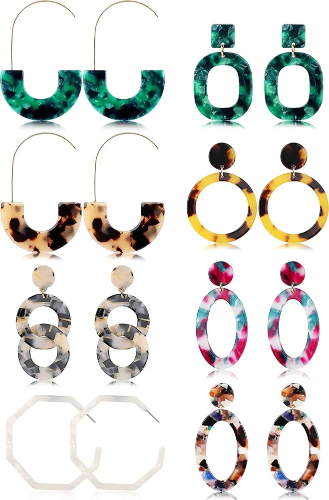 8 Pairs Mottled Hoop Earrings Acrylic Resin Drop Dangle Earring for Women Bohemian Statement Stud Earrings Lightweight - Grocery