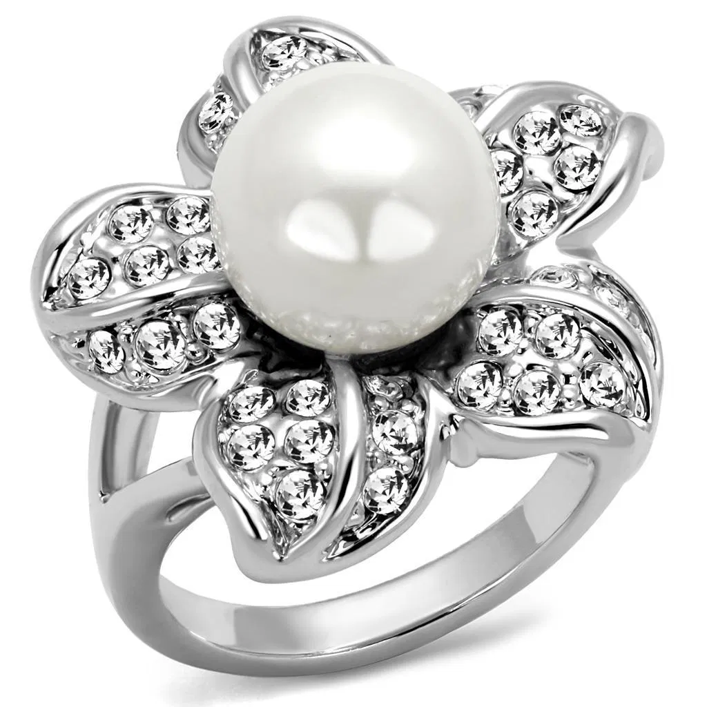 LO4088 - Rhodium Brass Ring with Synthetic Pearl in White - Grocery