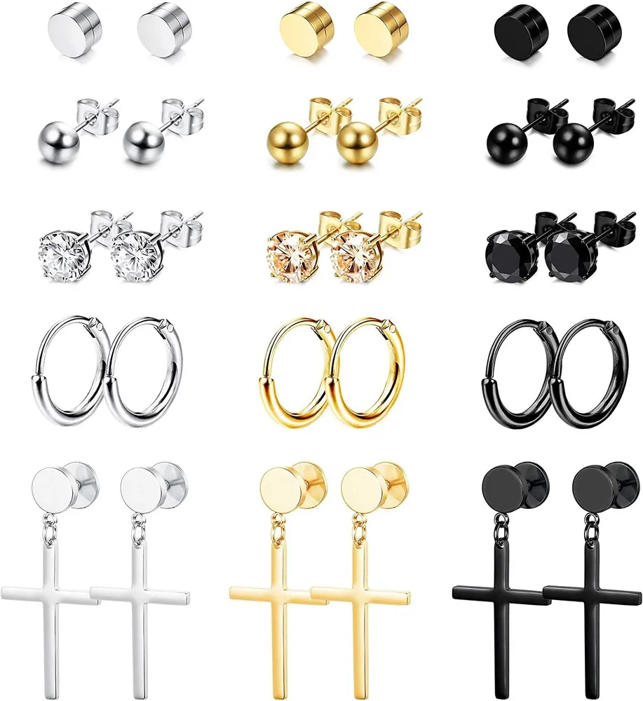 15Pairs Stainless Stud Earrings Round CZ Non-piercing Magnetic Earrings Cross Earrings Cross Dangle Hinged Hoop Earrings Set for Men Women - Grocery