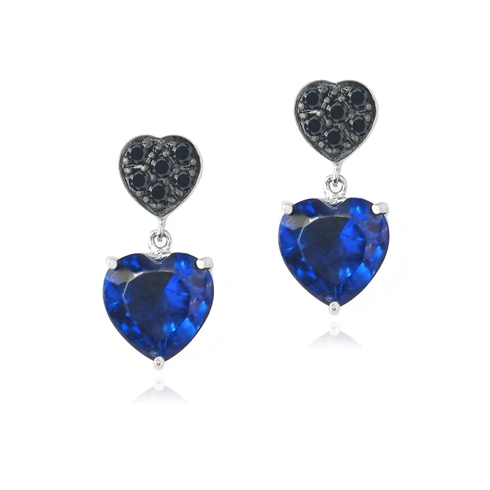 Blue & Black CZ Double Heart Dangle Earrings - Grocery