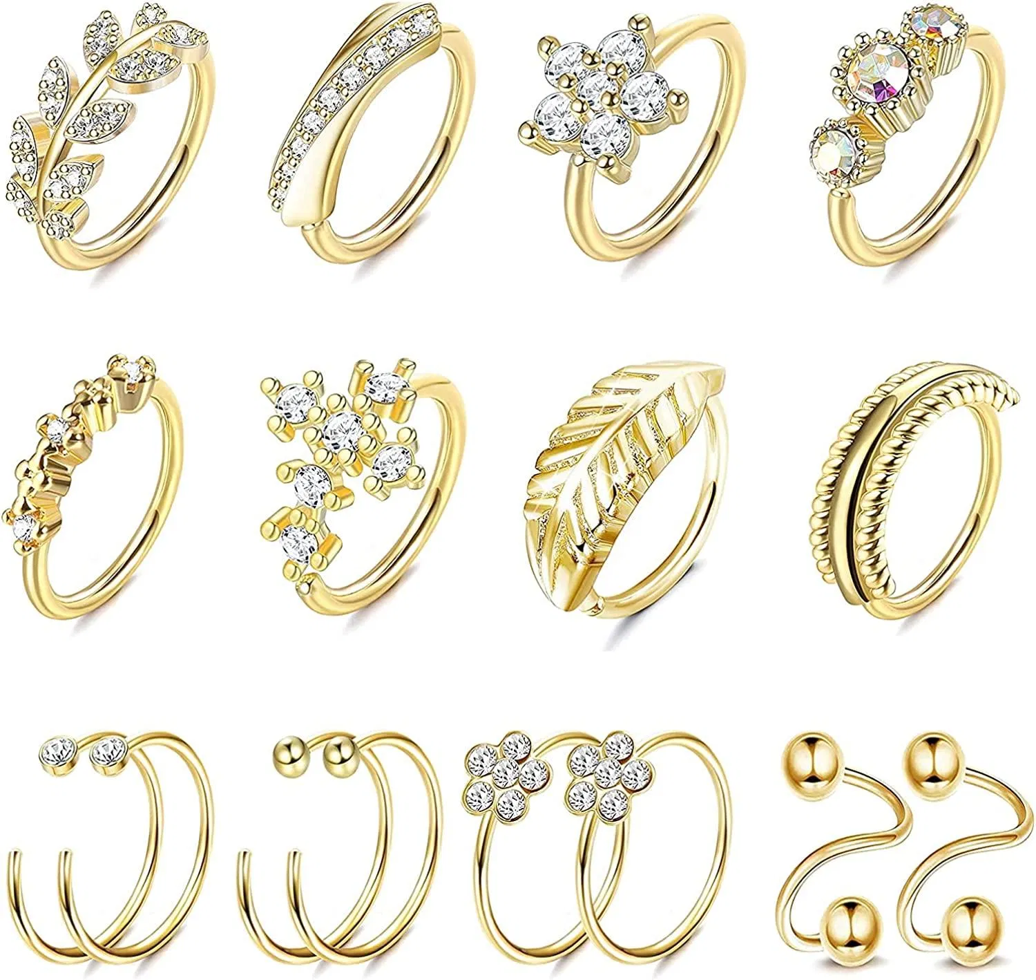 16PCS Stainless Nose Ring Hoop Paved CZ Leaf Feather Flower Cross Crawler Tragus Cartilage Earring for Women Men Nose Ear Piercing Hoop 16G/20G - Grocery