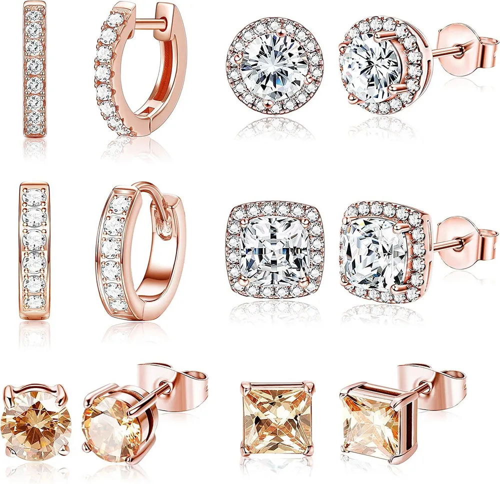 6 Pairs Stud Earrings for Women Round Square Clear CZ Halo Earrings Huggie Tiny Small Hoop Ear Piercing Set - Grocery