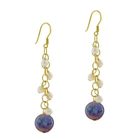 18K Gold over Sterling Silver Freshwater Cultured Peacock & White Coin Pearl Dangle Earrings - Grocery