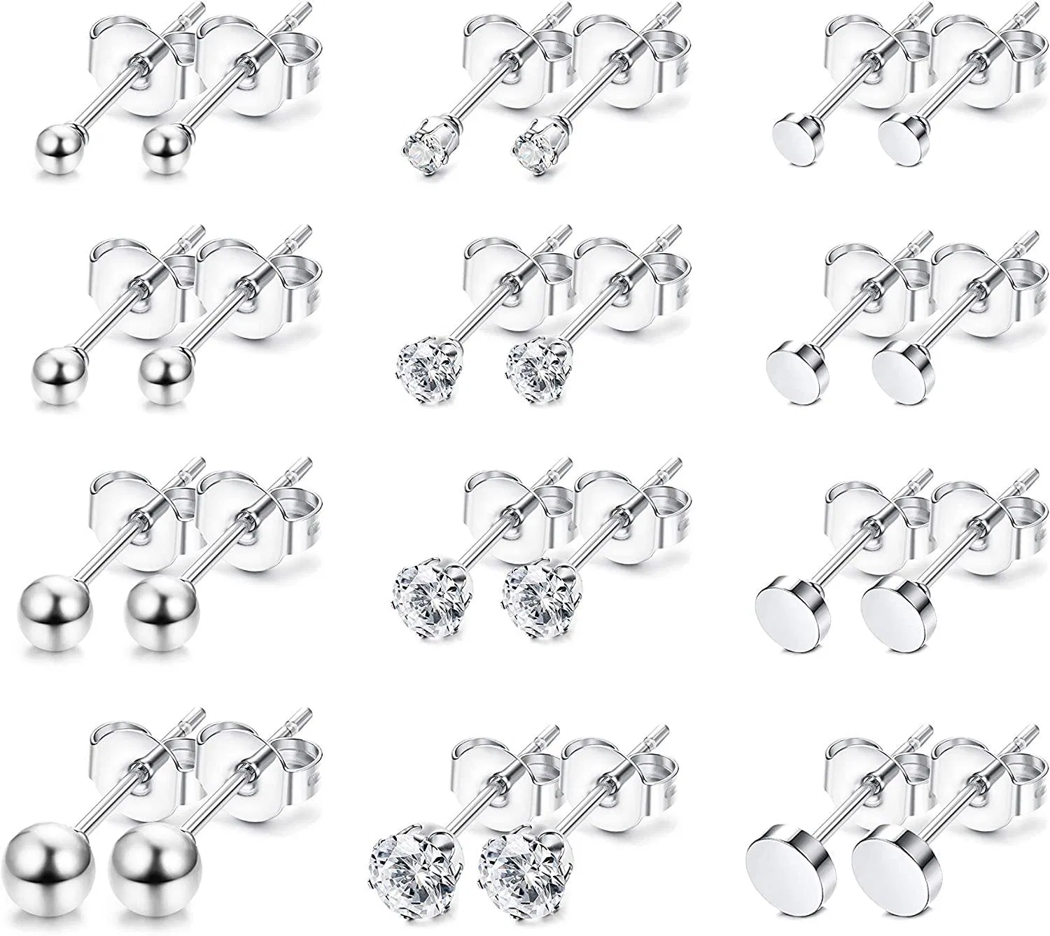12 Pairs Stud Earrings for Women Men Stainless Round Clear CZ Ball Tiny Cartilage Stud Earrings Set(2mm 3mm 4mm 5mm) - Grocery