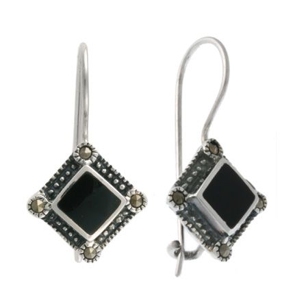 Sterling Silver Marcasite & Oynx Diamond Shaped Earrings - Grocery