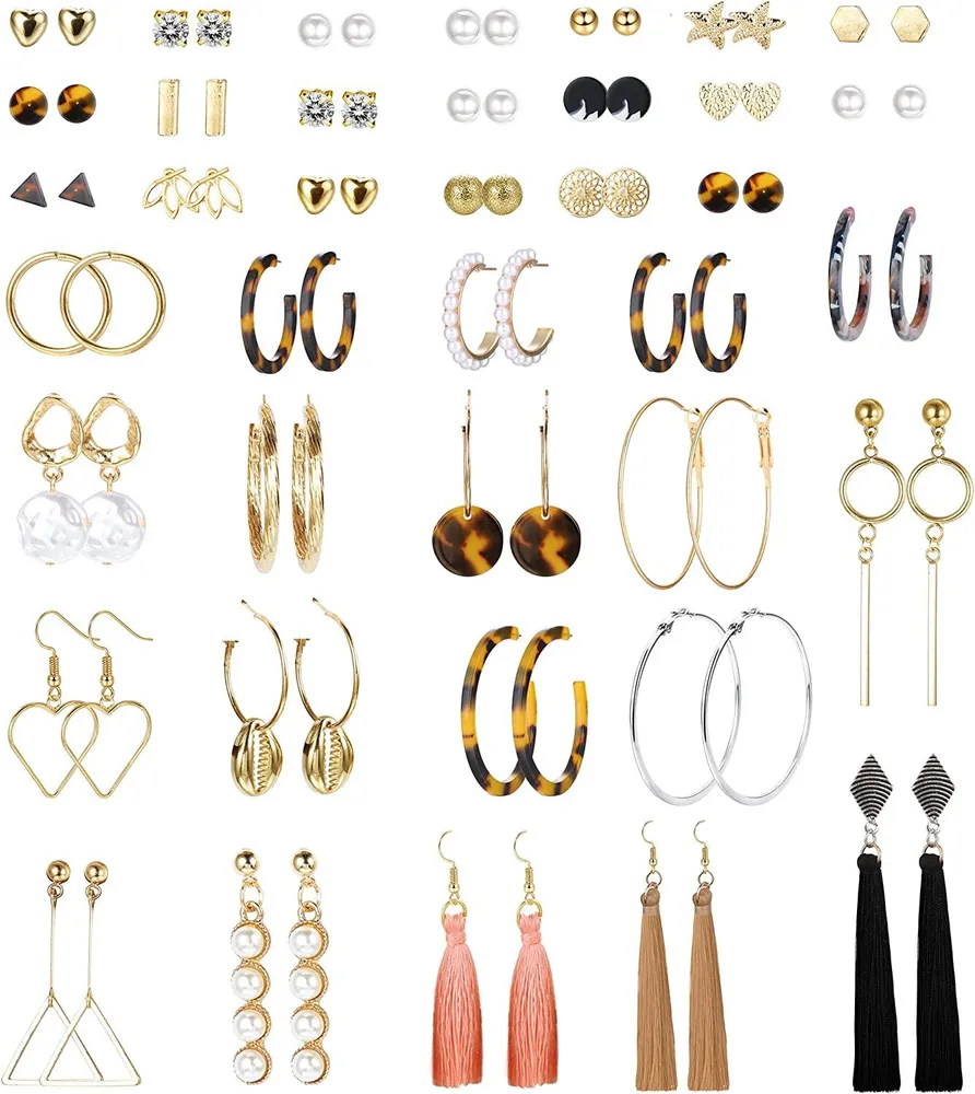 36 Pairs Fashion Earrings Set for Women Bohemian Tassel Drop Dangle Earrings Acrylic Leopard Statement Hoop Earrings Ball Stud Earrings - Grocery