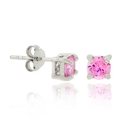 .925 Sterling Silver 4mm Prong Pink cz Small Stud Earrings - Grocery