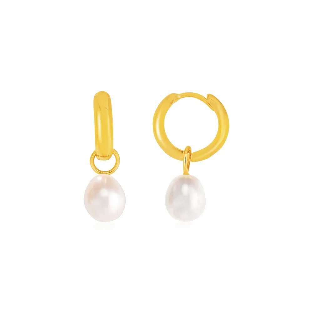 14k Yellow Gold Small Hoop Earrings with Pearls - Grocery