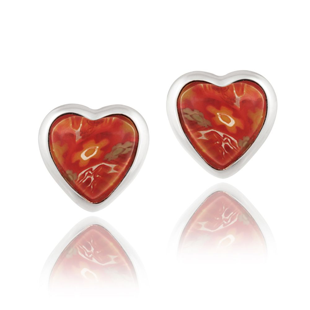 Sterling Silver Red Millefoiri Glass Heart Stud Earrings - Grocery