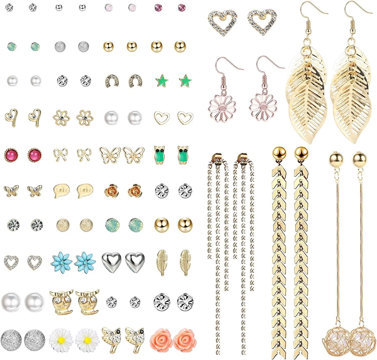 46 Pairs Assorted Multiple Stud drop dangle Earrings Set Vintage Fake Pearl Round Ball CZ Earrings Pack - Grocery
