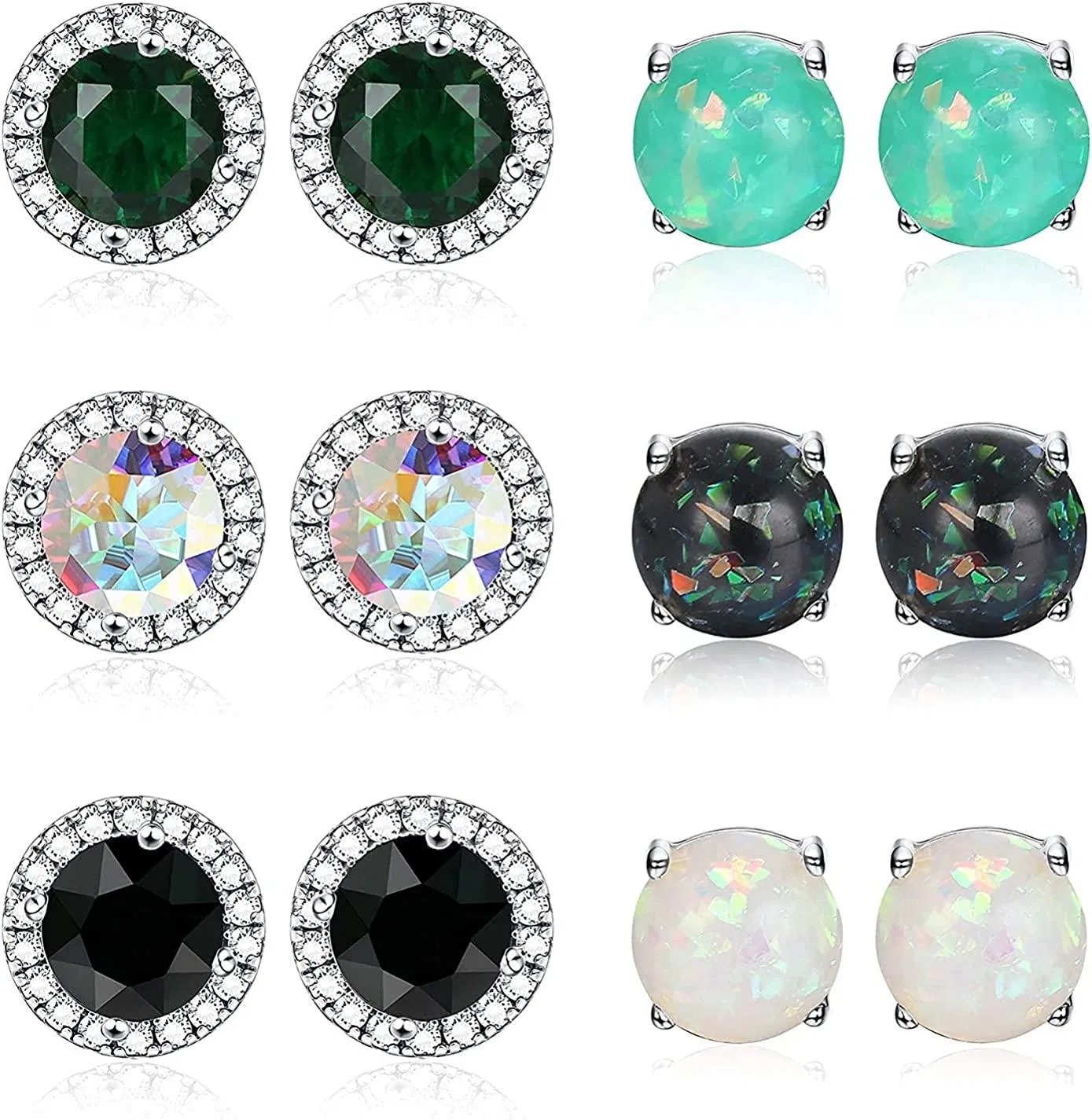6 Pairs Stud Earrings for Women Men 14K Gold/White Gold Plated Cubic Zirconia & Created Opal Halo Stud Earrings Set - Grocery