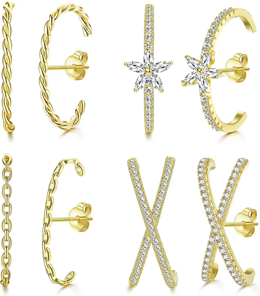 4Pair Suspender Earrings for Women CZ Ear Lobe Cuff Stud Earrings Minimalist Suspension Hoop Earring - Grocery