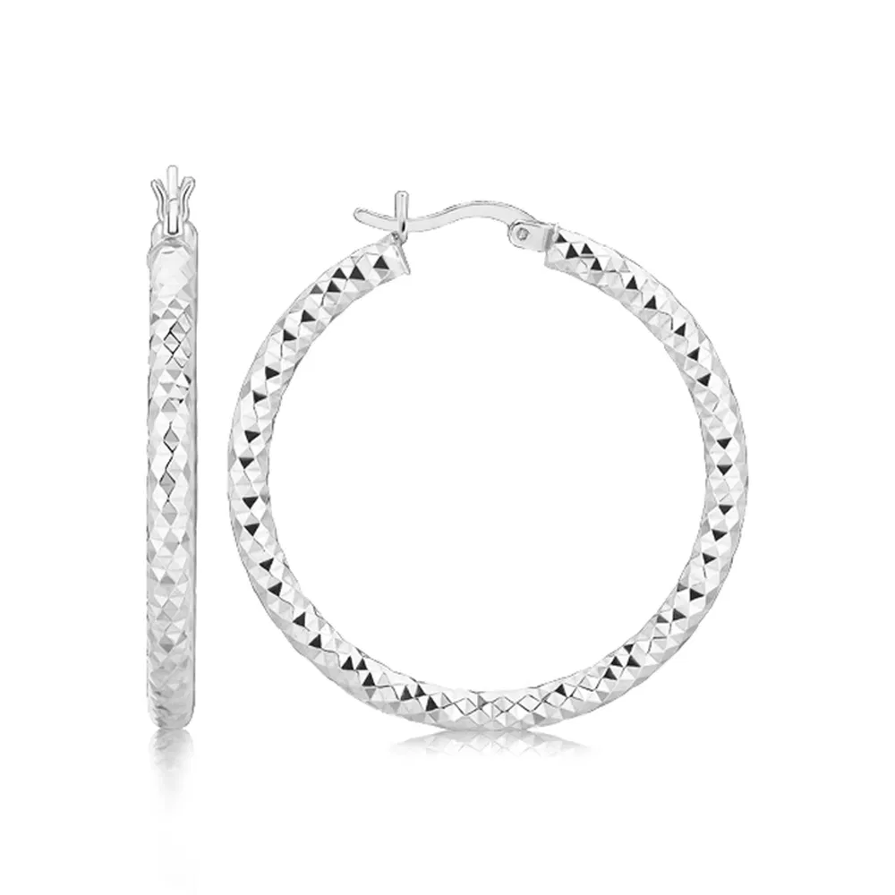 Sterling Silver Faceted Motif Large Hoop Earrings with Rhodium Plating(4x25mm) - Grocery