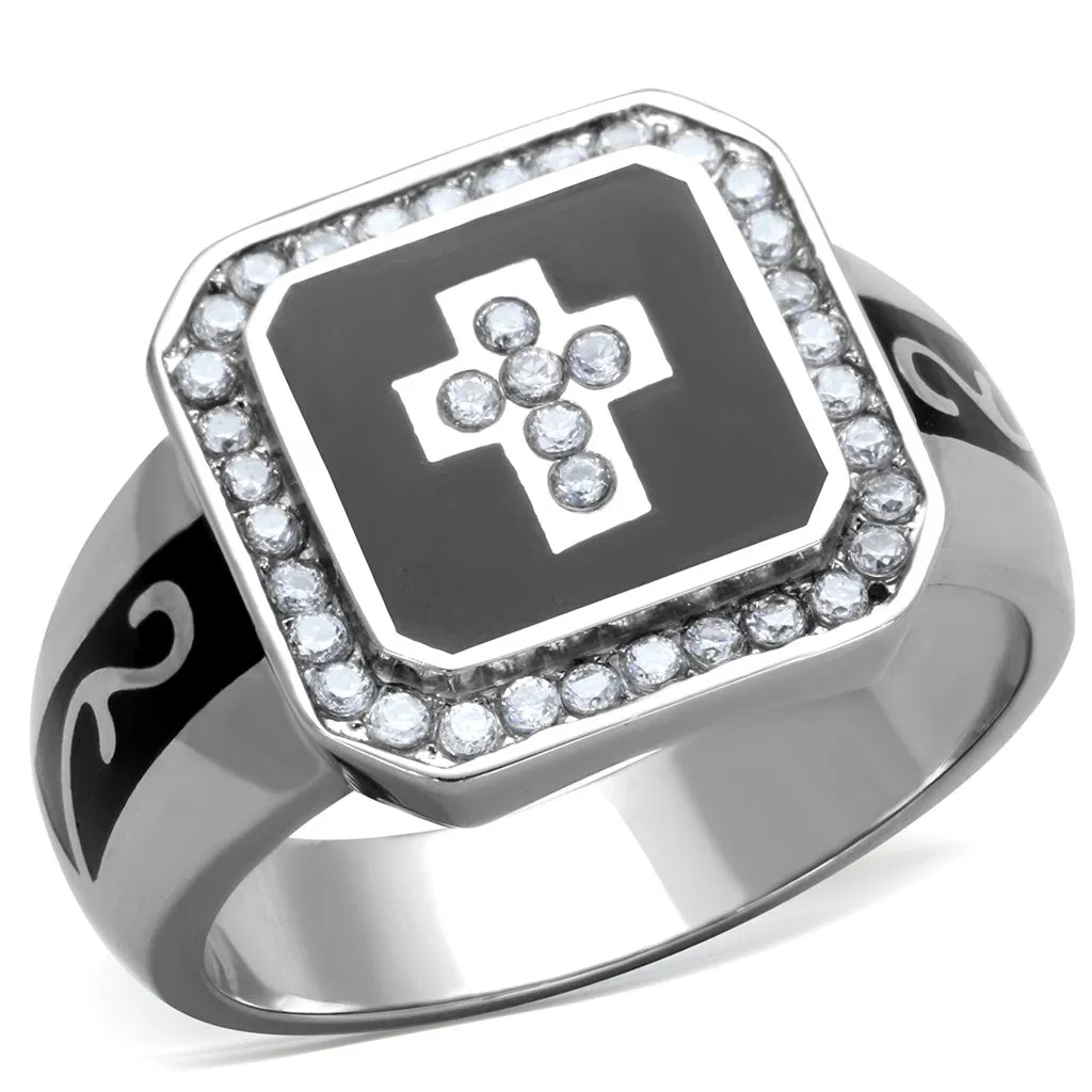 TK1766 - High polished (no plating) Stainless Steel Ring with AAA Grade CZ in Clear - Grocery