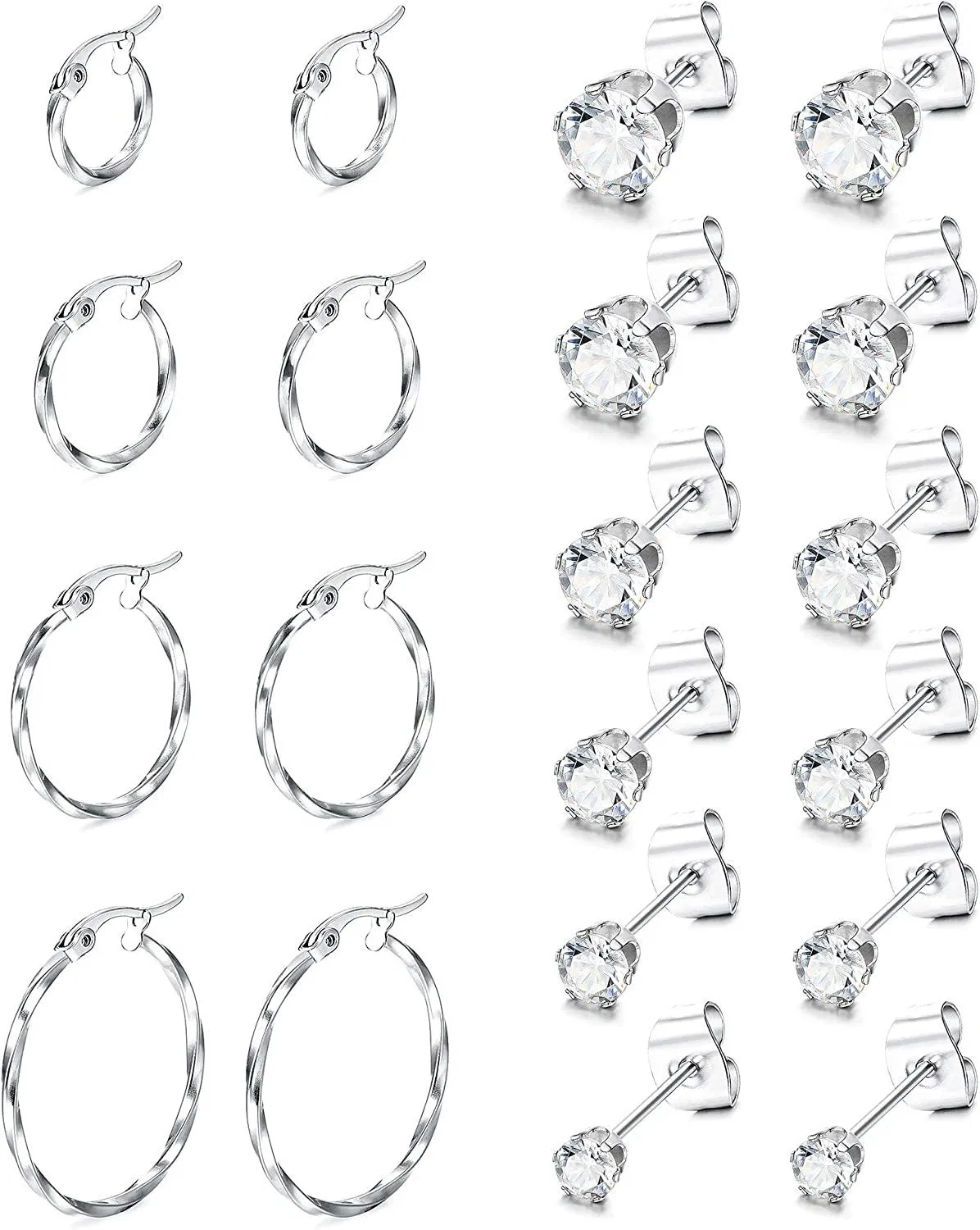 10 Pairs Stainless Stud Earrings Small Hoop Earrings Set for Women Tiny Cartilage Earring Cubic Zirconia Mini Hoops Huggie Earrings - Grocery