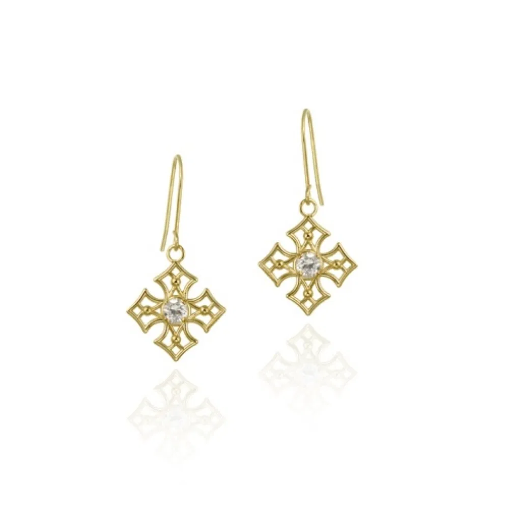 10K Gold CZ & Open Diamond Shape Dangle Earrings - Grocery
