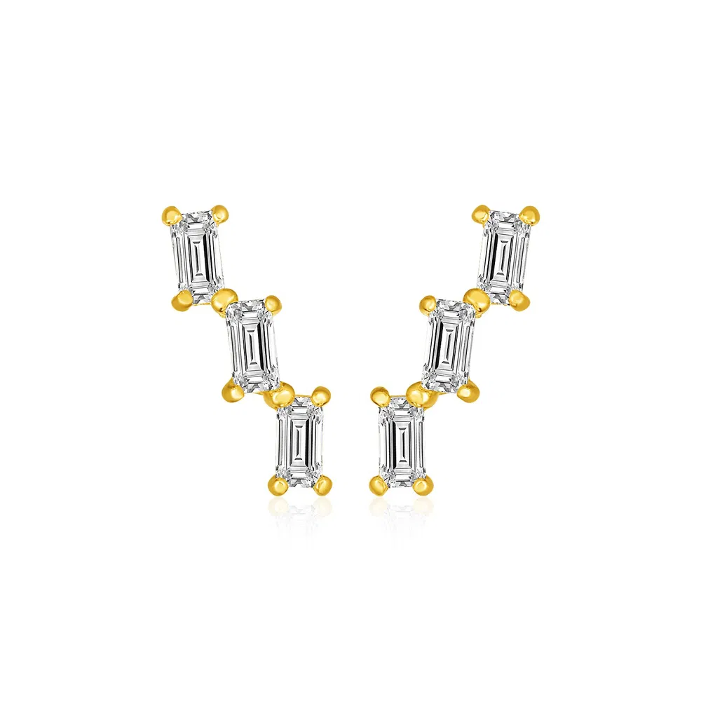 14k Yellow Gold Climber Post Earrings with Baguette Cubic Zirconias - Grocery
