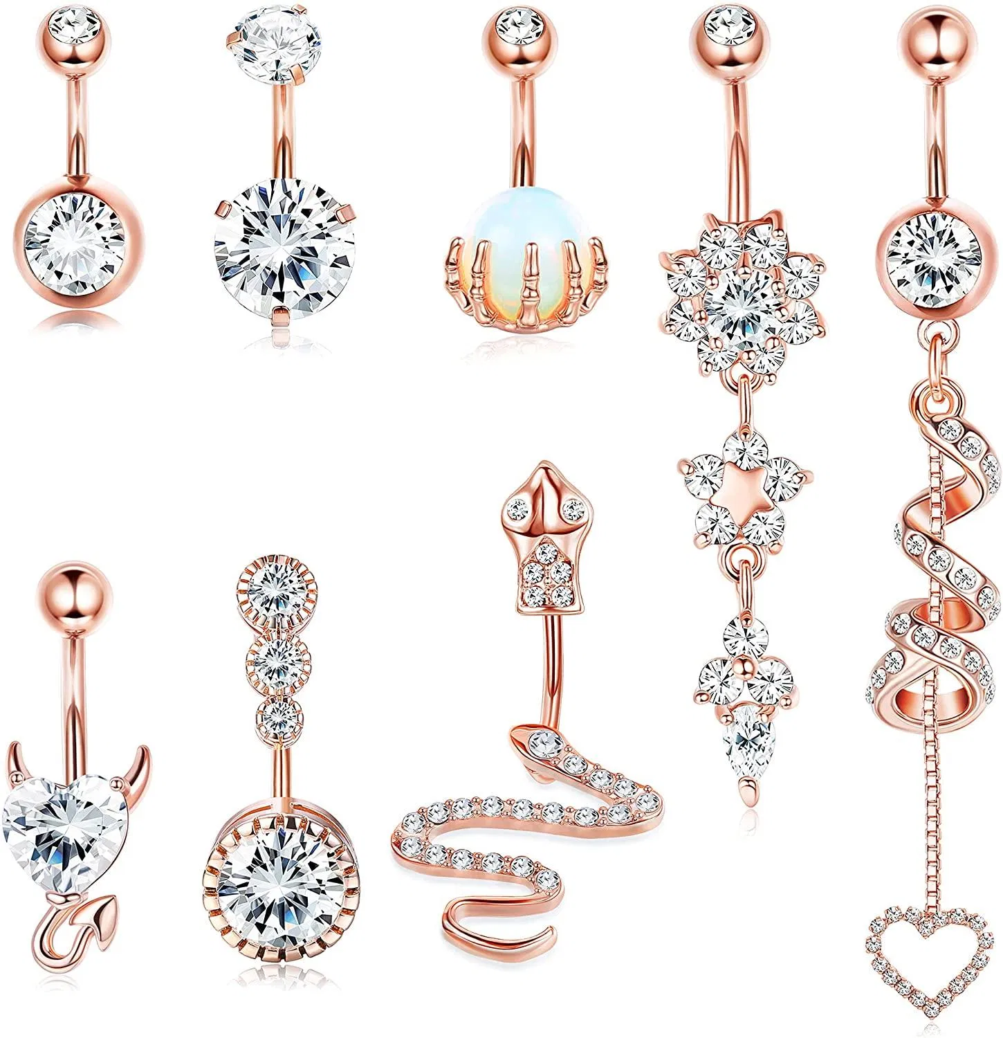 8Pcs 14G Belly Button Rings Dangle for Women Stainless Steel Snake Skull Hand with Opal Clear CZ Navel Rings Body Piercing Jewelry - Grocery