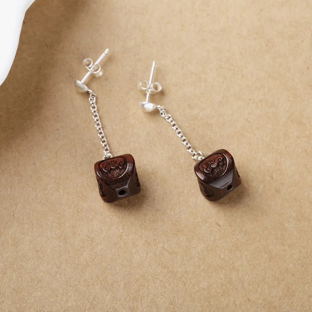 S925 Silver Earrings Carved Ebony Literary Women's Long Earrings - Grocery