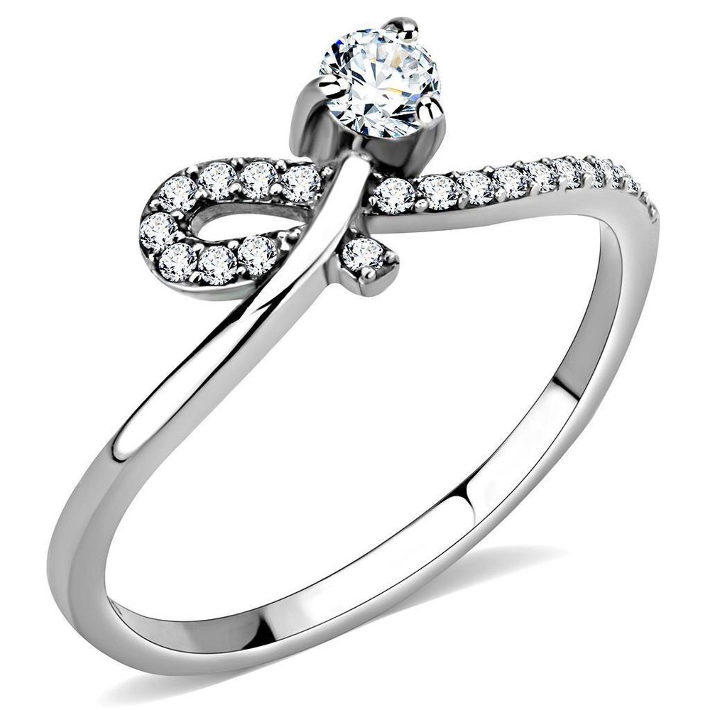 DA142 - High polished (no plating) Stainless Steel Ring with AAA Grade CZ in Clear - Grocery