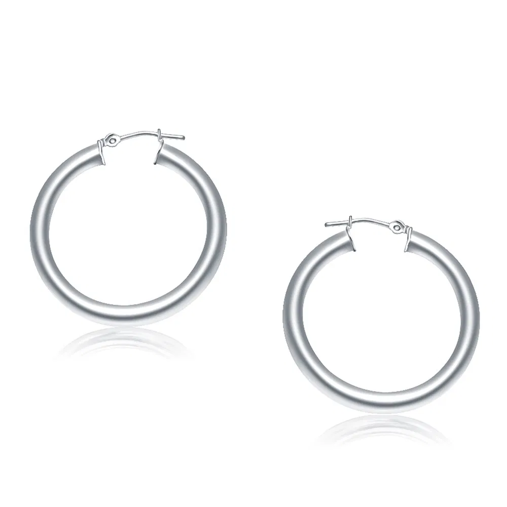14k White Gold Polished Hoop Earrings (4x30mm) - Grocery