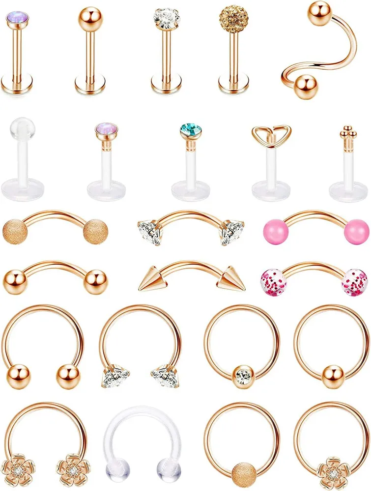 24PCS Cartilage Earrings Hoop Studs for Women Stainless Forwards Helix Earring Curved Barbell Eyebrow Rings Rook Piercing Daith Conch Tragus Ear Piercing - Grocery