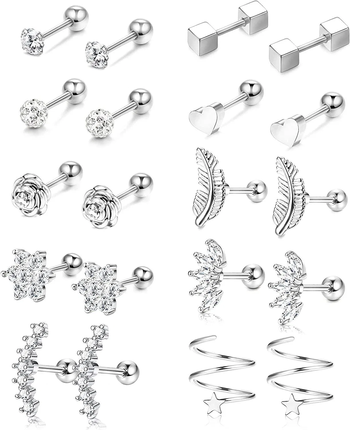 10 Pairs 18G Stainless Steel Ear Cartilage Earrings for Women Tragus Helix Barbell Heart Flower Feather CZ Stud Ear Piercing Jewelry - Grocery