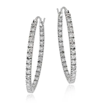 Sterling Silver Inside Out CZ Oval Hoop Earrings - Grocery