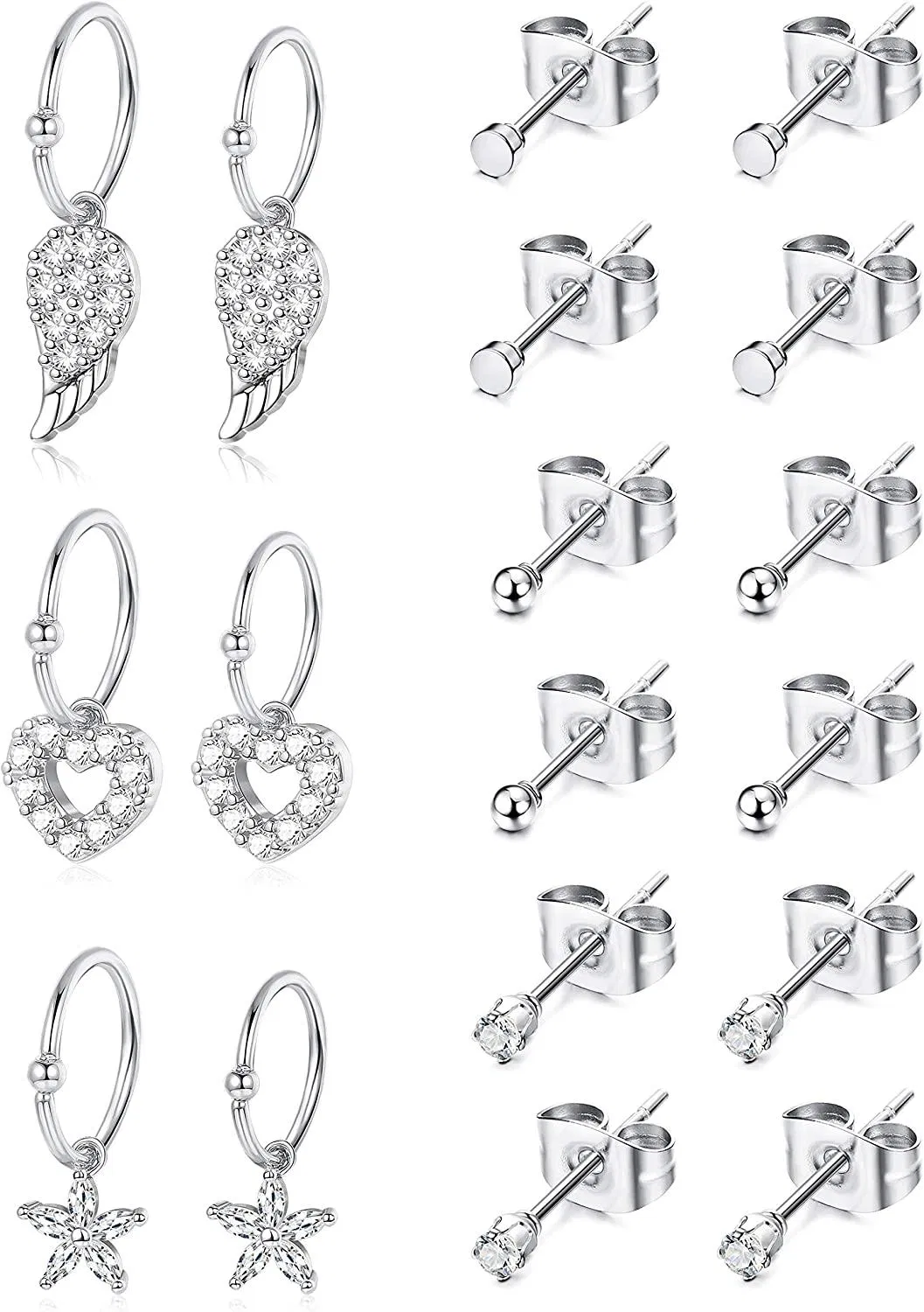 18Pcs 16-20G Feather Heart Flower Hoop Cartilage Earring for Women Men 316L Stainless Tiny CZ Ball Stud Helix Hoop Earring - Grocery