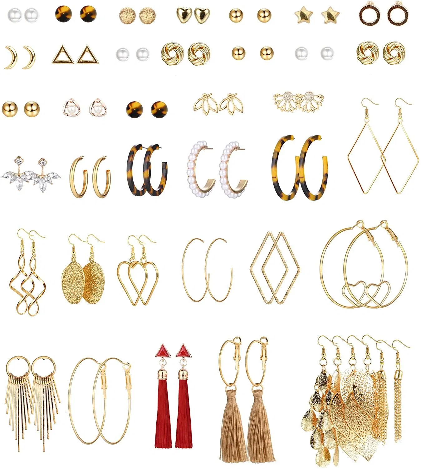 36 Pairs Fashion Earrings Set for Women Bohemian Tassel Drop Dangle Earrings Acrylic Leopard Statement Hoop Earrings Ball Stud Earrings - Grocery