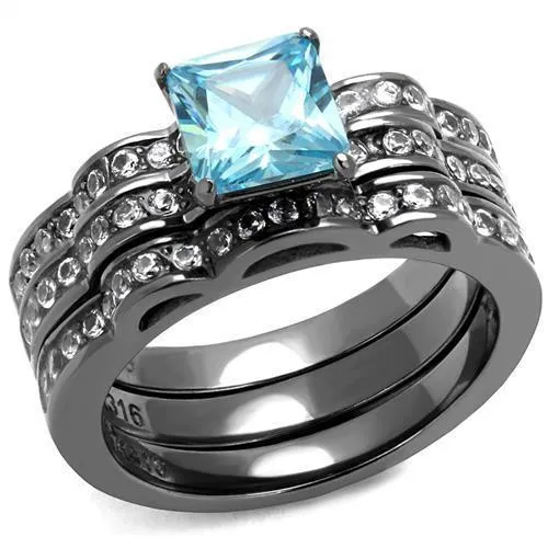 TK2748 - IP Light Black (IP Gun) Stainless Steel Ring with AAA Grade CZ in Sea Blue - Grocery