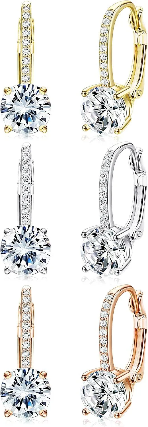 3 Pairs 14K Gold Plated Cubic Zirconia Leverback Earrings Halo Round Teardrop Square CZ Drop Dangle Earrings for Women Dangling Earrings Set - Grocery