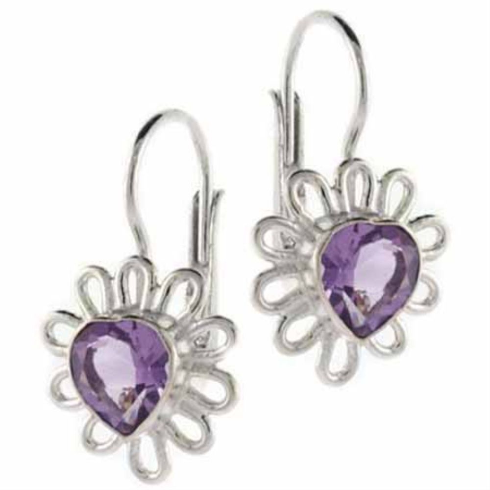 Sterling Silver Heart Amethyst Flower Leverback Earrings - Grocery