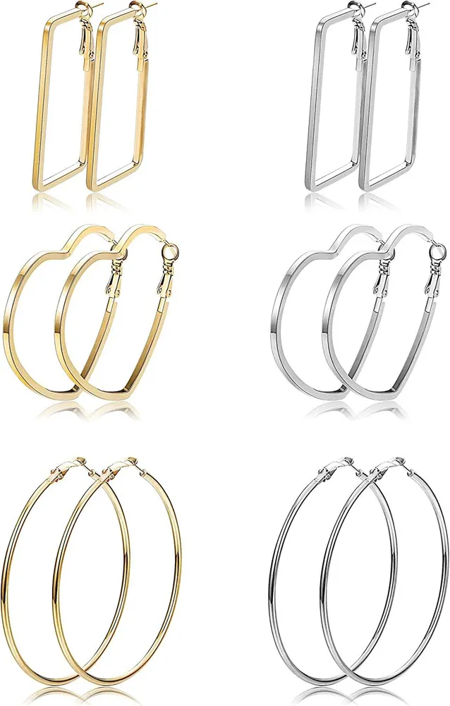 JEWELRY 6Pairs Stainless Steel Hoop Geometric Earrings for Women Simple Circle/Heart/Square Earrings Silver Tone Fashion Jewelry - Grocery