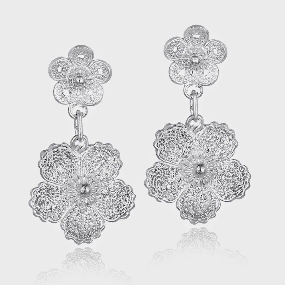 Sterling Silver Double Flower Dangle Earrings - Grocery