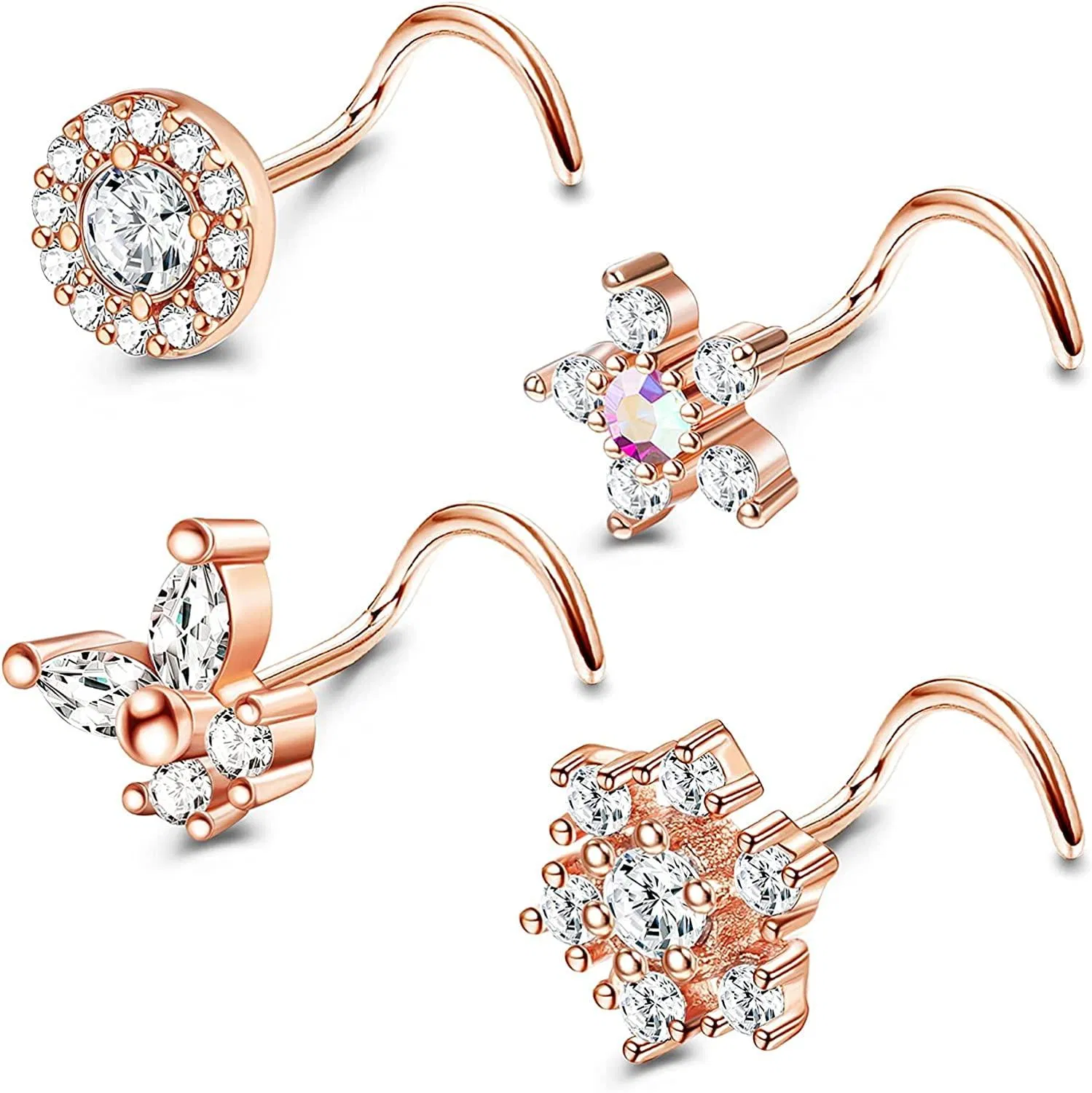 4 Pcs Surgical Steel 20G Nose Ring Stud S/L-Shape Nose Piercing Nose Bars for Women Men Butterfly CZ Flower Tiny Nose Stud Piercing Jewellery - Grocery