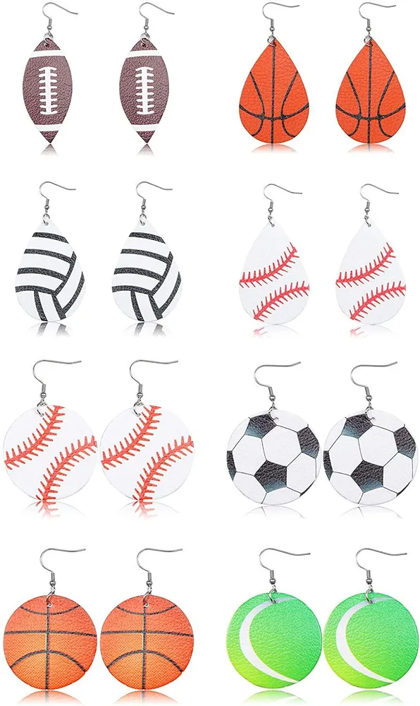 8pairs Ball Leather Earrings for Women Lightweight Baseball/Basketball/Football Earrings Sports Earrings Set - Grocery