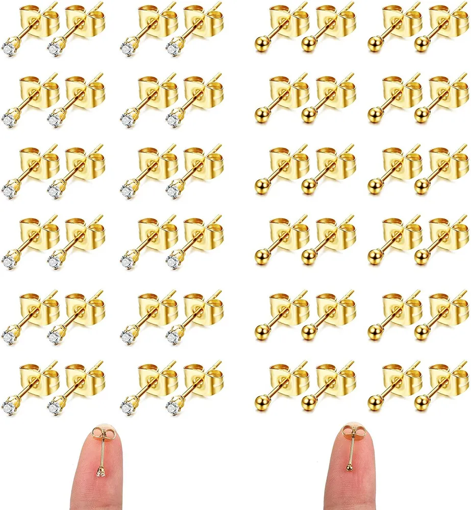 24 Pairs Tiny Stud Earrings For Women Men 2mm Stud Earrings 14K Gold Plated Stainless Steel Earrings 20G CZ Round Ball Earrings Set Cartilage Earrings - Grocery