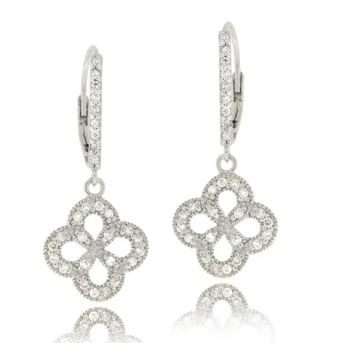 Sterling Silver CZ Flower Dangle Leverback Earrings - Grocery