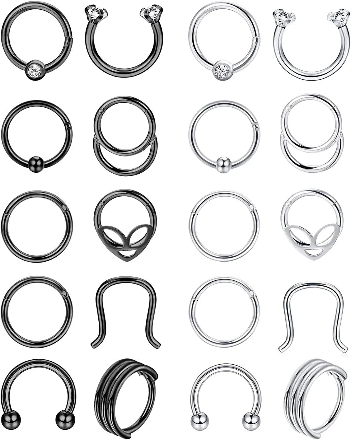 20pcs Stainless Septum Nose Ring Hoop Set Hinged Segment Lip Trague Cartilage Clicker Body Piercing 16G - Grocery