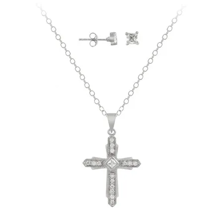 Sterling Silver Pave CZ Cross Pendant & Square Stud Earrings Set - Grocery