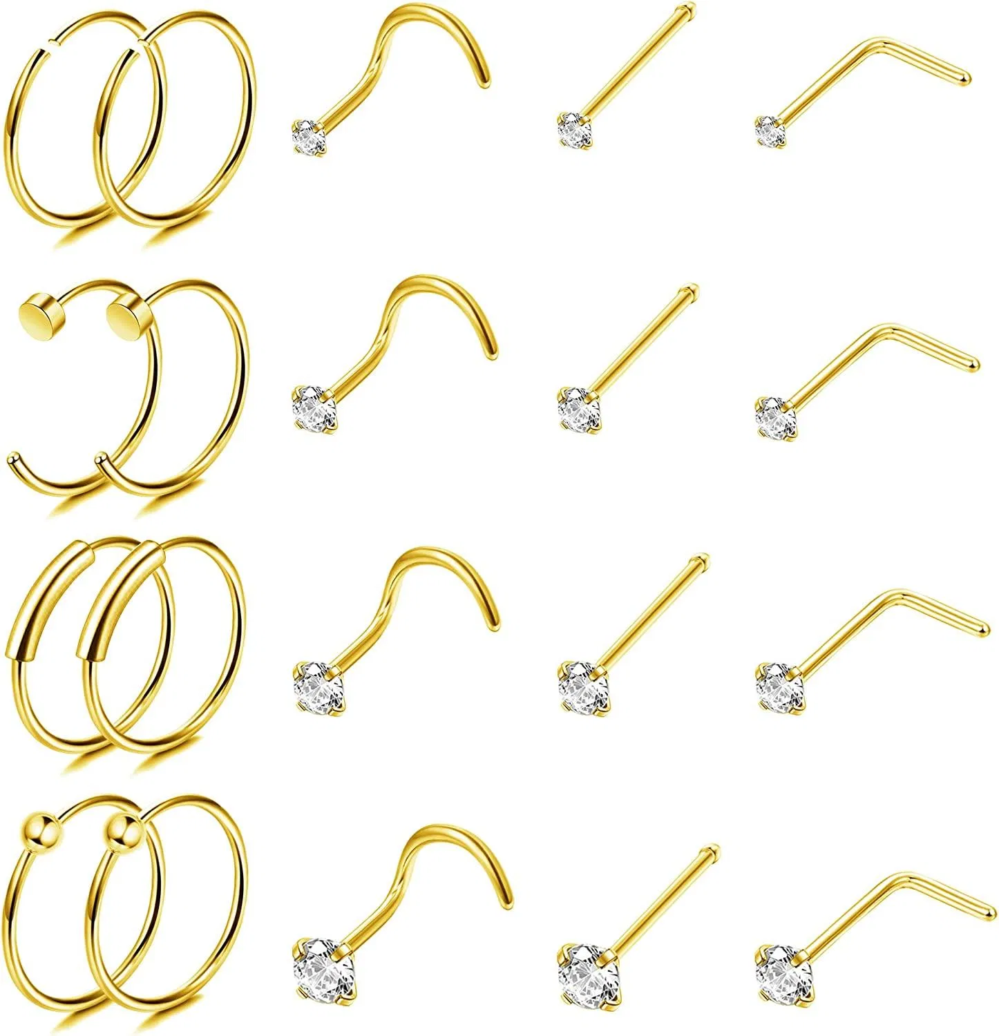 Nose Rings for Women Men; Nostril Nose Piercing Jewelry Set; Surgical Steel Nose Ring Hoops; L Shape Nose Stud; Screw Nose Studs; Bone Nose Studs - Grocery