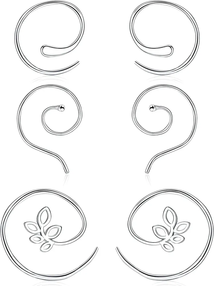 3Pairs 18K White Gold Plated Spiral Pull Through Hoop Earrings Cute Simple Stylish Wire Threader Through Ear Earrings Jewelry Gifts For Women - Grocery